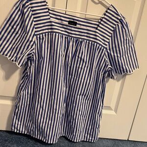 Talbots Blue & White Striped Square-Neck Cotton Blouse XL